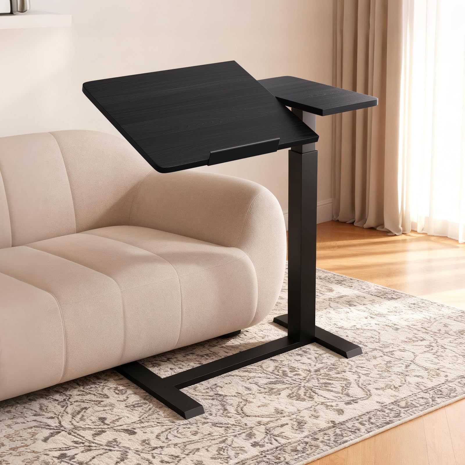 Tavolo da letto pneumatico regolabile con ruote, piastra divisa, comodino inclinabile, tavolo da appoggio per computer portatile/computer portatile, altezza 75-110 cm, a forma di C