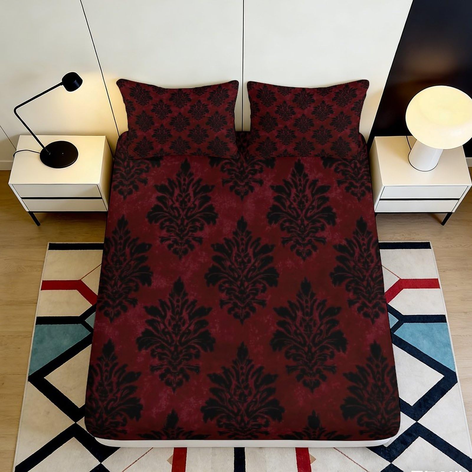 Pnayamiorkfel Style-6 3D Printed Baroque Damask Fitted Sheet Microfiber Burgundy Black Mattress Cover Non-Slip Washable For Bedroom Guestroom 90X200x25cm