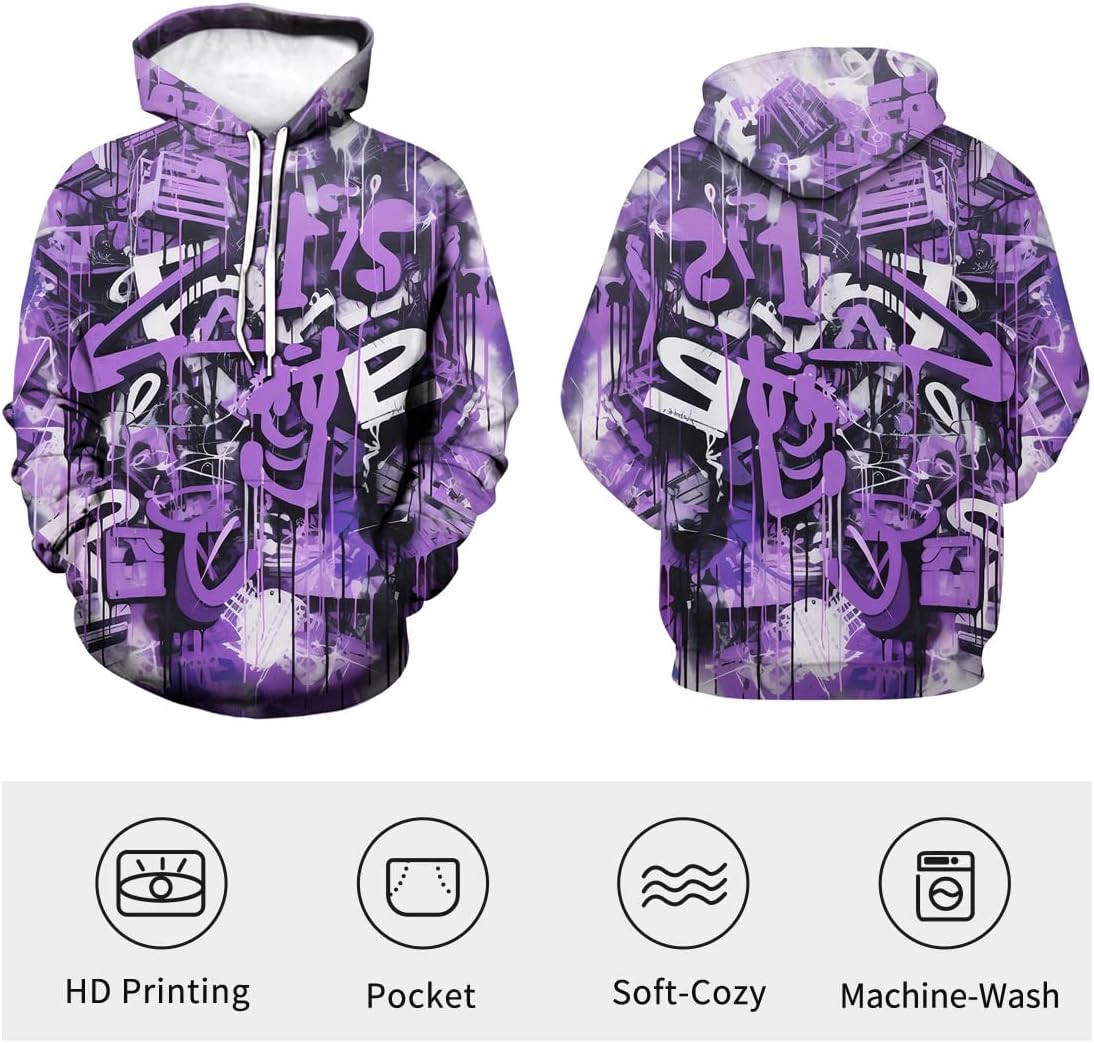 Men's Novelty Hip-hop Graffiti Cool Graphic Hoodies Hooded Colorful Totem Sweatshirts Pullover, Small, Purple - Image 3