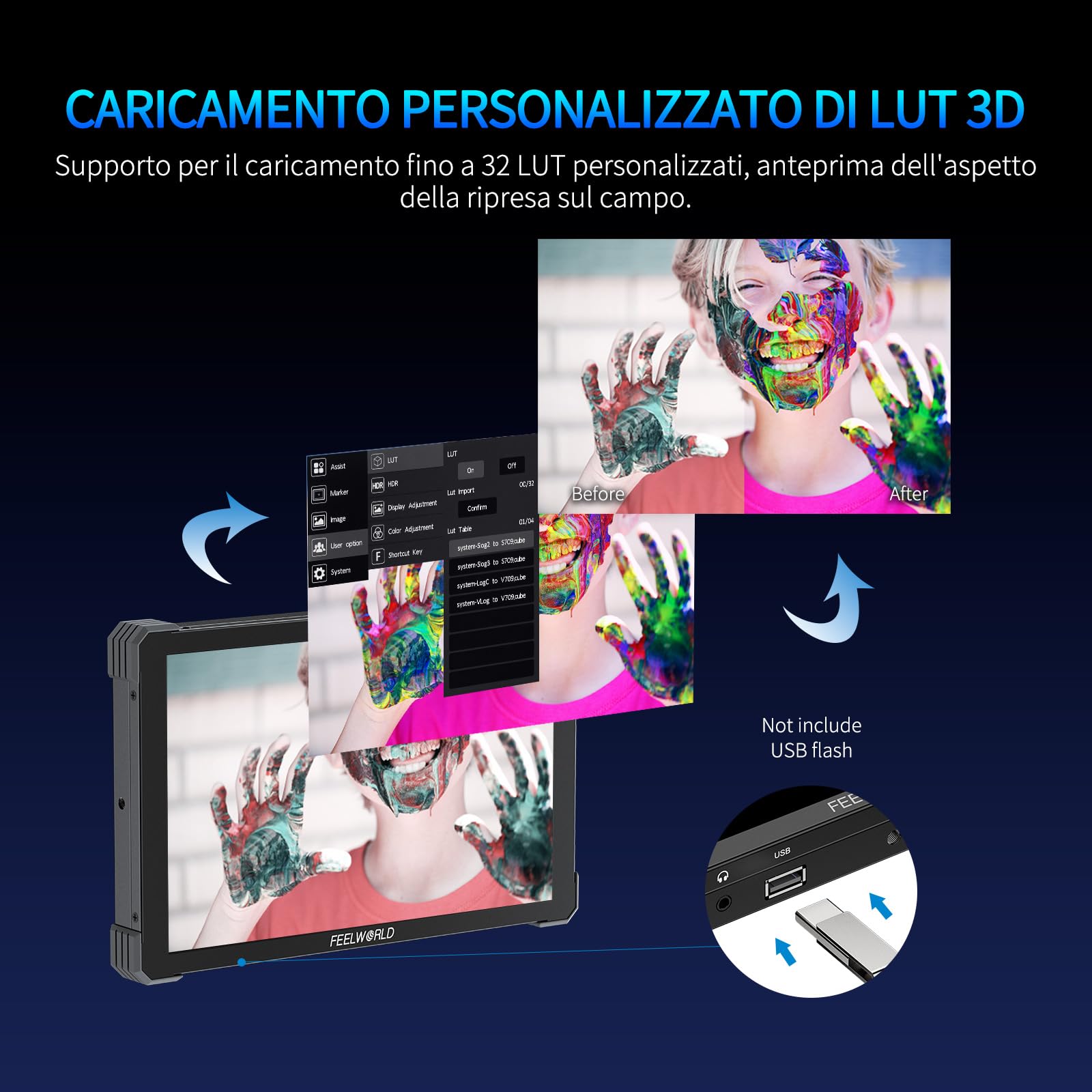 FEELWORLD T10 10.1 Pollici Alluminio Monitor da Campo Fotocamera 4k HDMI Touchscreen FHD 1920x1200 IPS,4K HDMI,3D-LUT,HDR,Waveform,NP-F970 Esterno,Grafica vettoriale