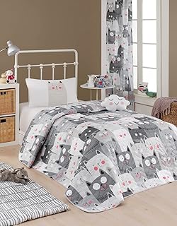 Animals Bedding Set, Twin Size Bedspread Set, Cat Themed Coverlet, Girls Boys Bedding, (Twin)