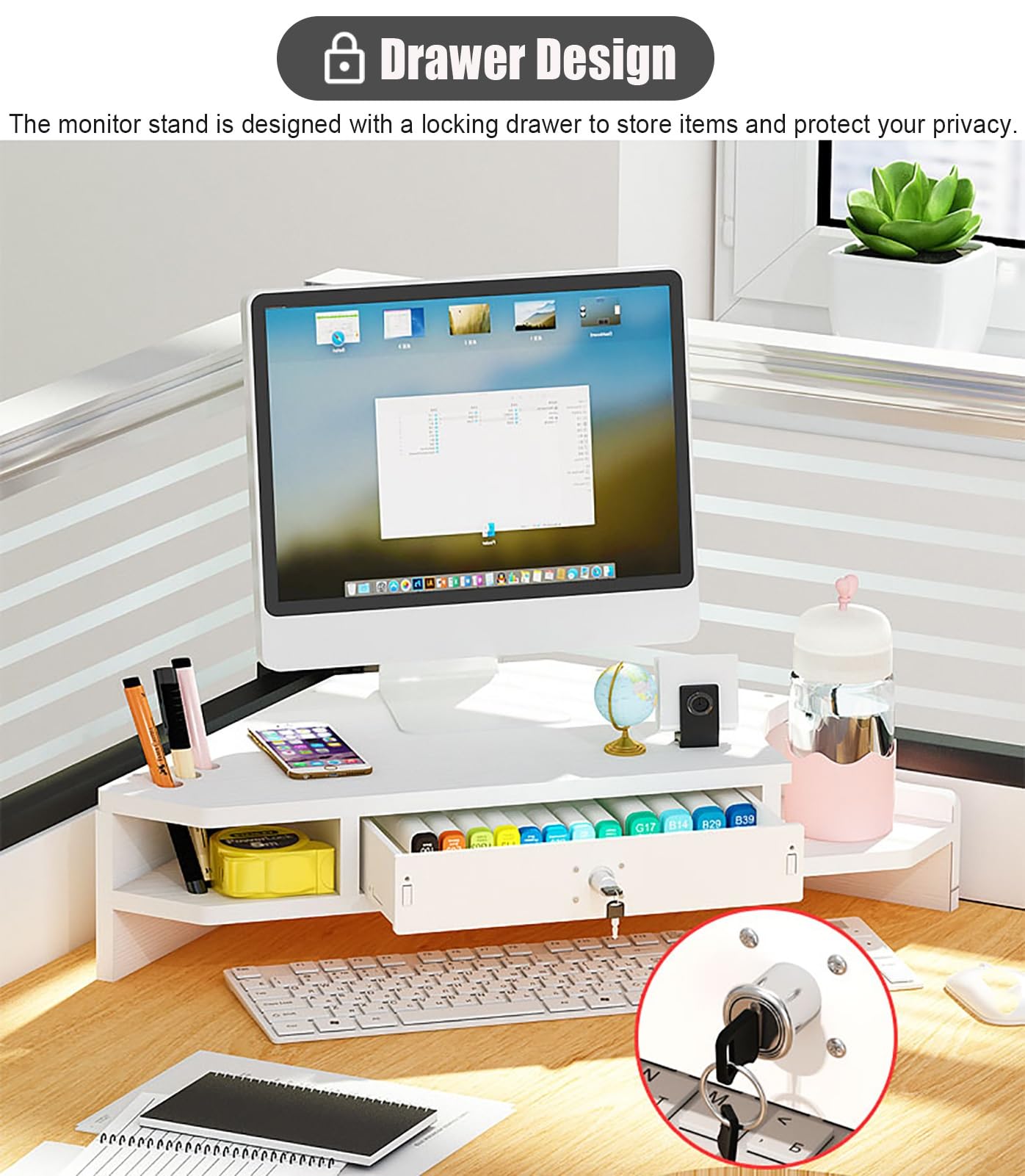 Podstawka narożna pod monitor, 2-poziomowa, z zamykaną szufladą i uchwytami na długopisy, ergonomiczna półka narożna do komputera, trójkątny organizer na laptopa do pokoju do nauki