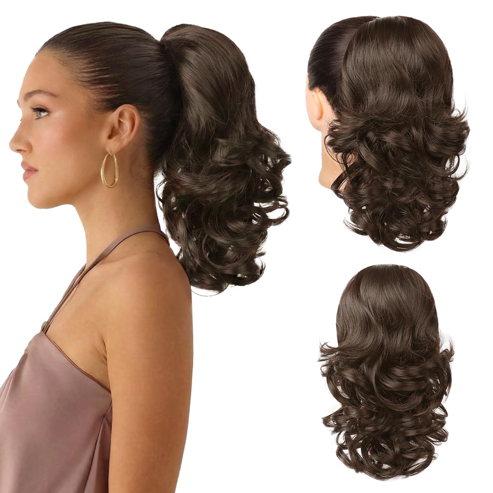 flufymooz ponytail extension, 14 inch short drawstring ponytail hair extension for women, soft synthetic pony tails hairpiece for women (medium chocolate brown)