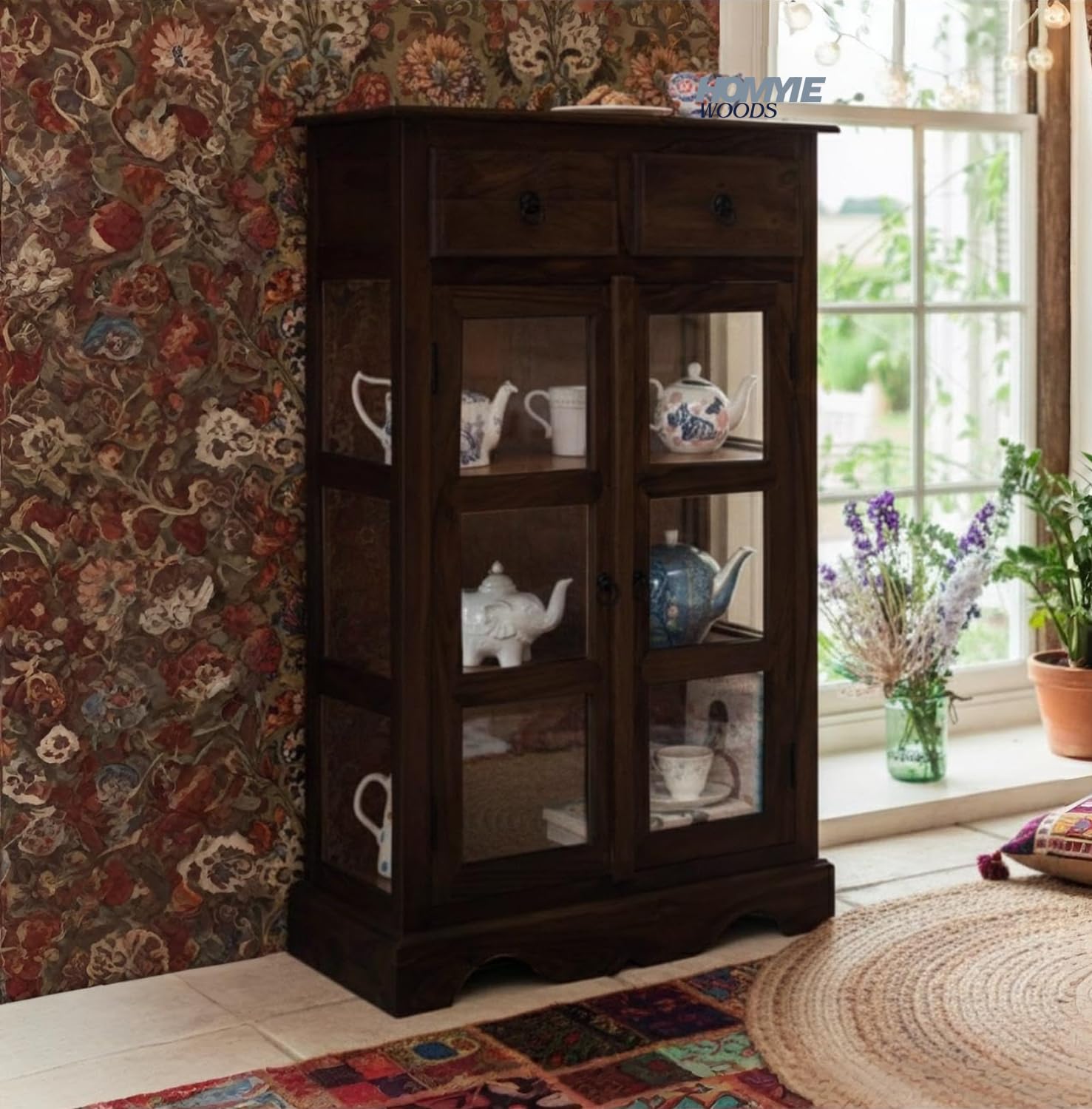Rustic Wooden Display Cabinet with Glass Doors, 120x75x35 cm, 2 Drawers, 3-Tier Storage for Crockery and Collectibles, Walnut Brown Finish (Walnut Finish)-image-5