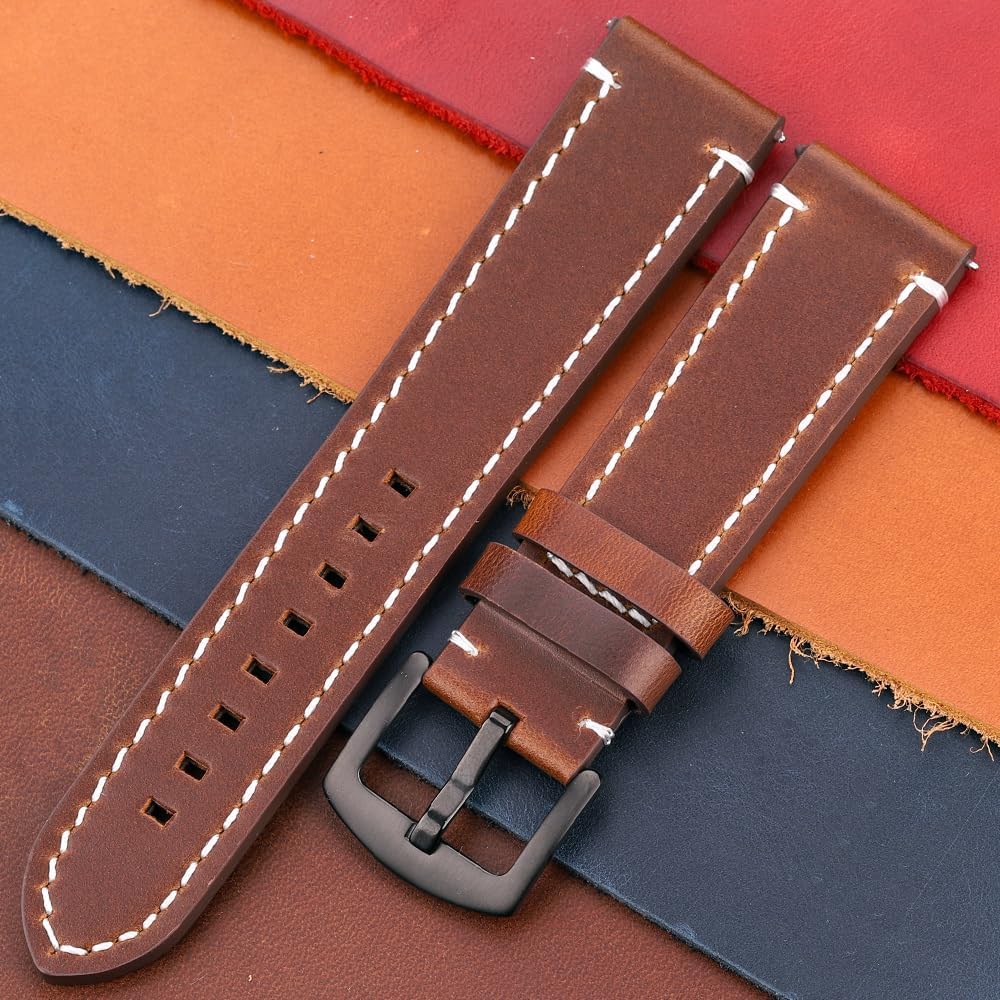 Vintage Leather Watch Band Sport Strap 18mm 20mm 22mm 24mm Genuine Cowhide 7 Colors Watchband Accessories for Men Women(Dark Brown Silver,24mm)
