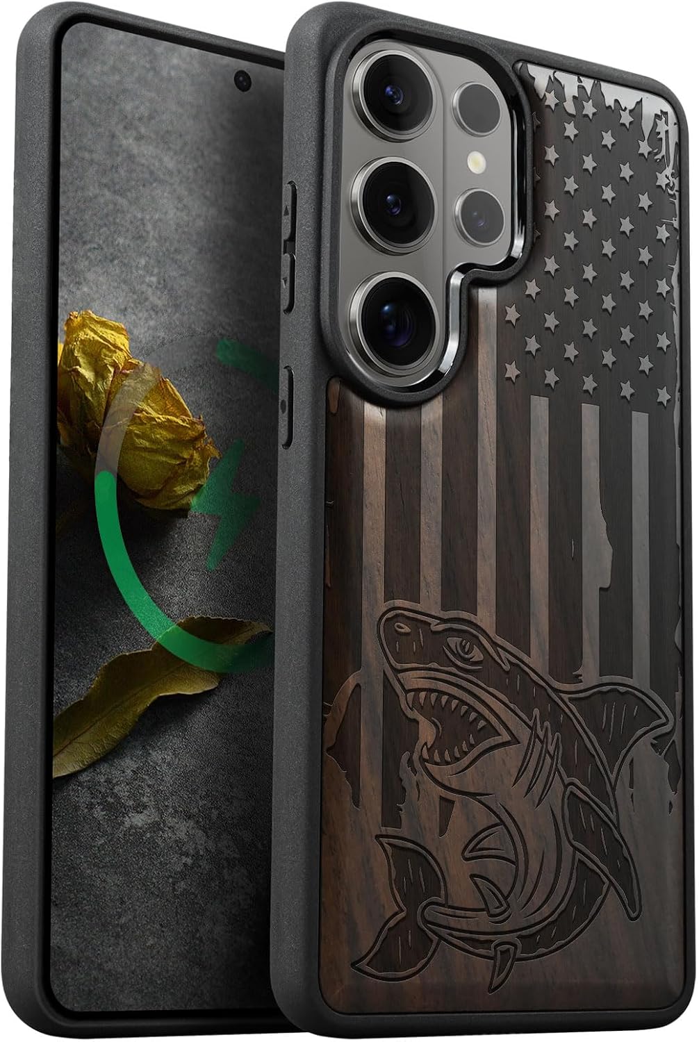 Carveit Magnetic Wooden Case for Samsung Galaxy S26 Ultra Case 2026, TPU Shockproof Cover & Wood Artisan Engraved, Compatible with MagSafe Wireless Chargers (Patriotic Shark Attack) Walnut