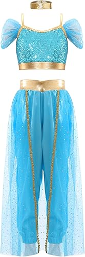Agoky Disfraz de princesa árabe para niñas, disfraz de Halloween con lentejuelas, vestido de danza del vientre, jazmines, cosplay, disfraz, 3 piezas