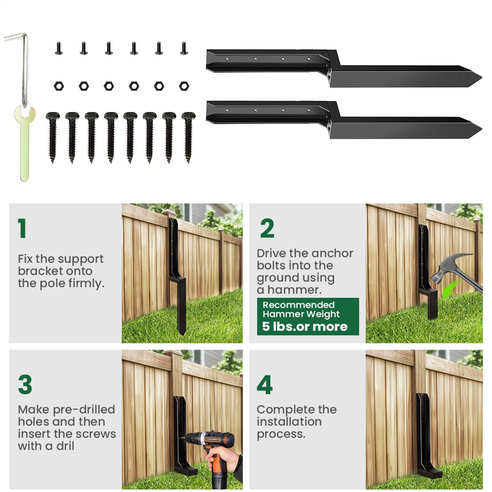 Wytrzymały ogrodzenie po naprawie stawki, zestaw do naprawy ogrodzenia 2x | Solid Ground Spike, Szybkie ustalenie postu stabilizatora do naprawy, pochylonego dr