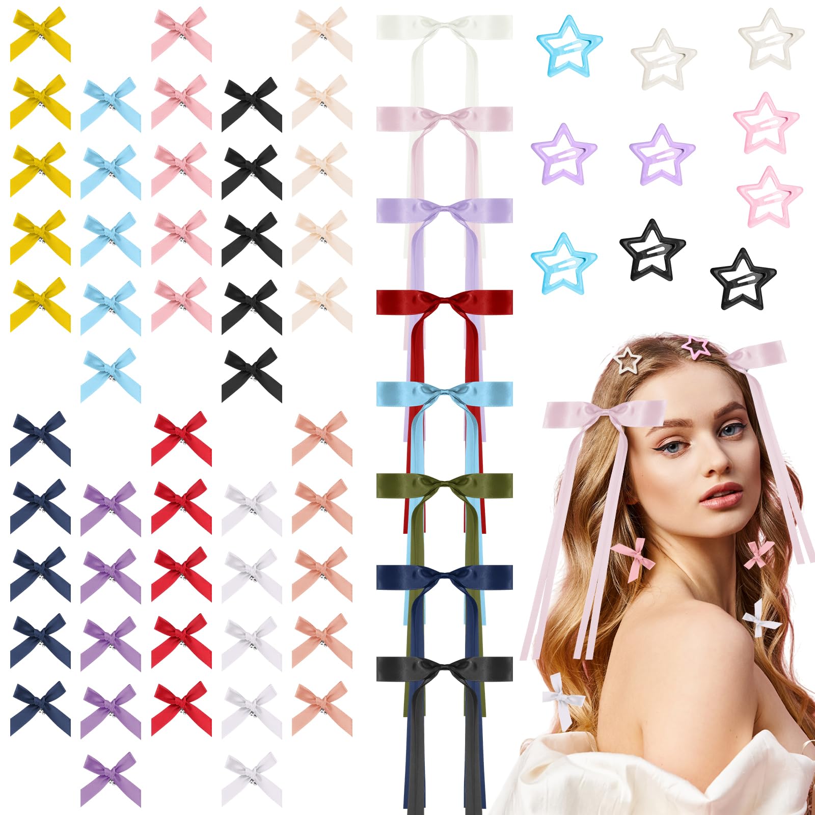 CraftyDream 68 Pcs Mini Hair Bows for Women Star Clips Y2k Hair Accessories for Women Mini Bow Cute Star Clip Colorful Long Tail Ribbon Bows Barrettes