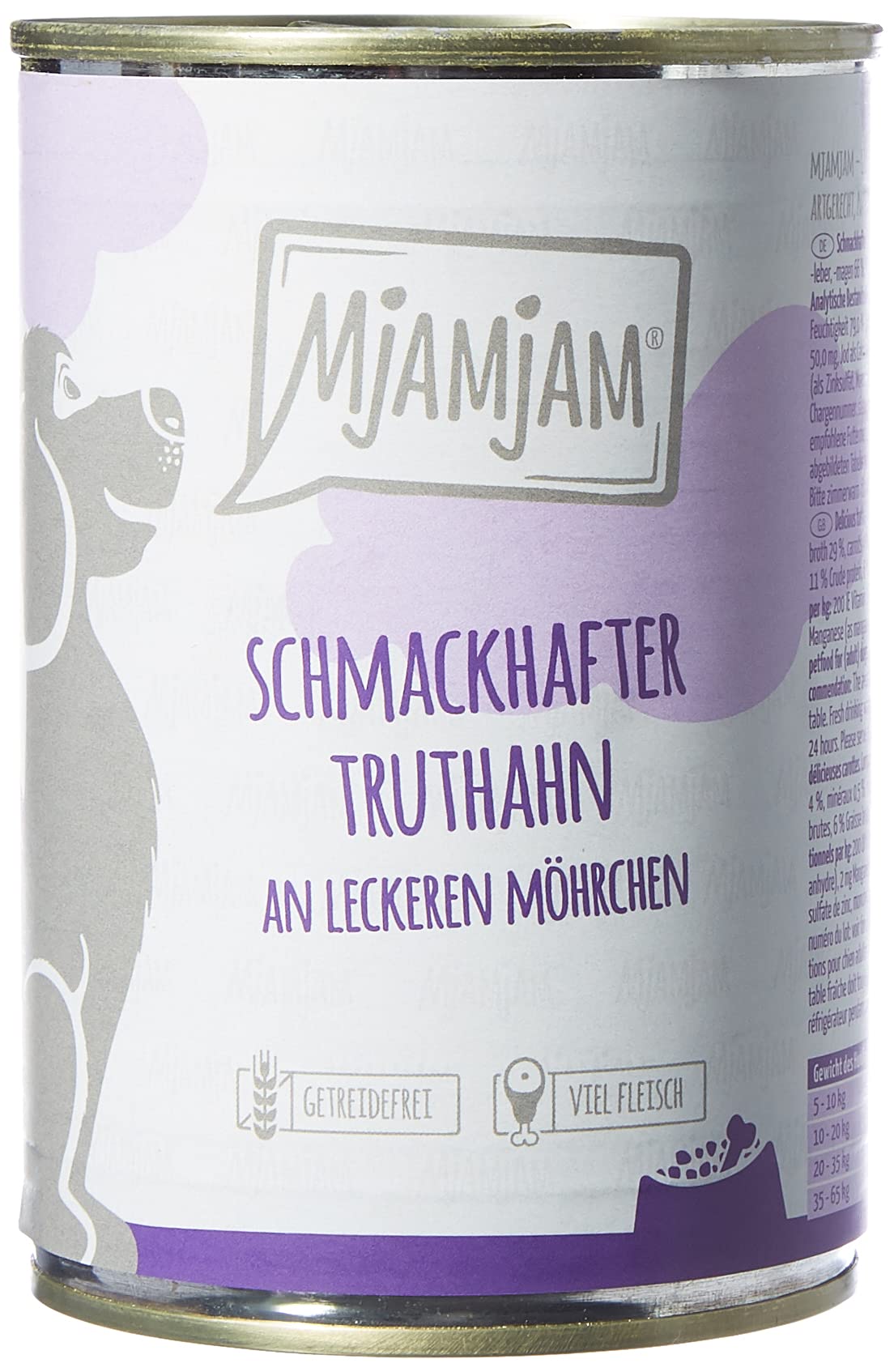 MjAMjAM - cibo umido premium per cani - gustoso tacchino con deliziose carote, confezione da 6 (6 x 400 g), senza cereali con carne extra