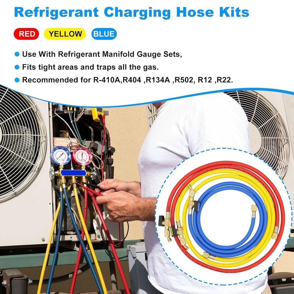 Tubi Flessibili di Ricarica Refrigerante A/C da 1,6 M con Valvole A Sfera HVAC 1/4 Pollici SAE Adatti per Aggiunta di Refrigerante R134A R12 e Aria Condizionata
