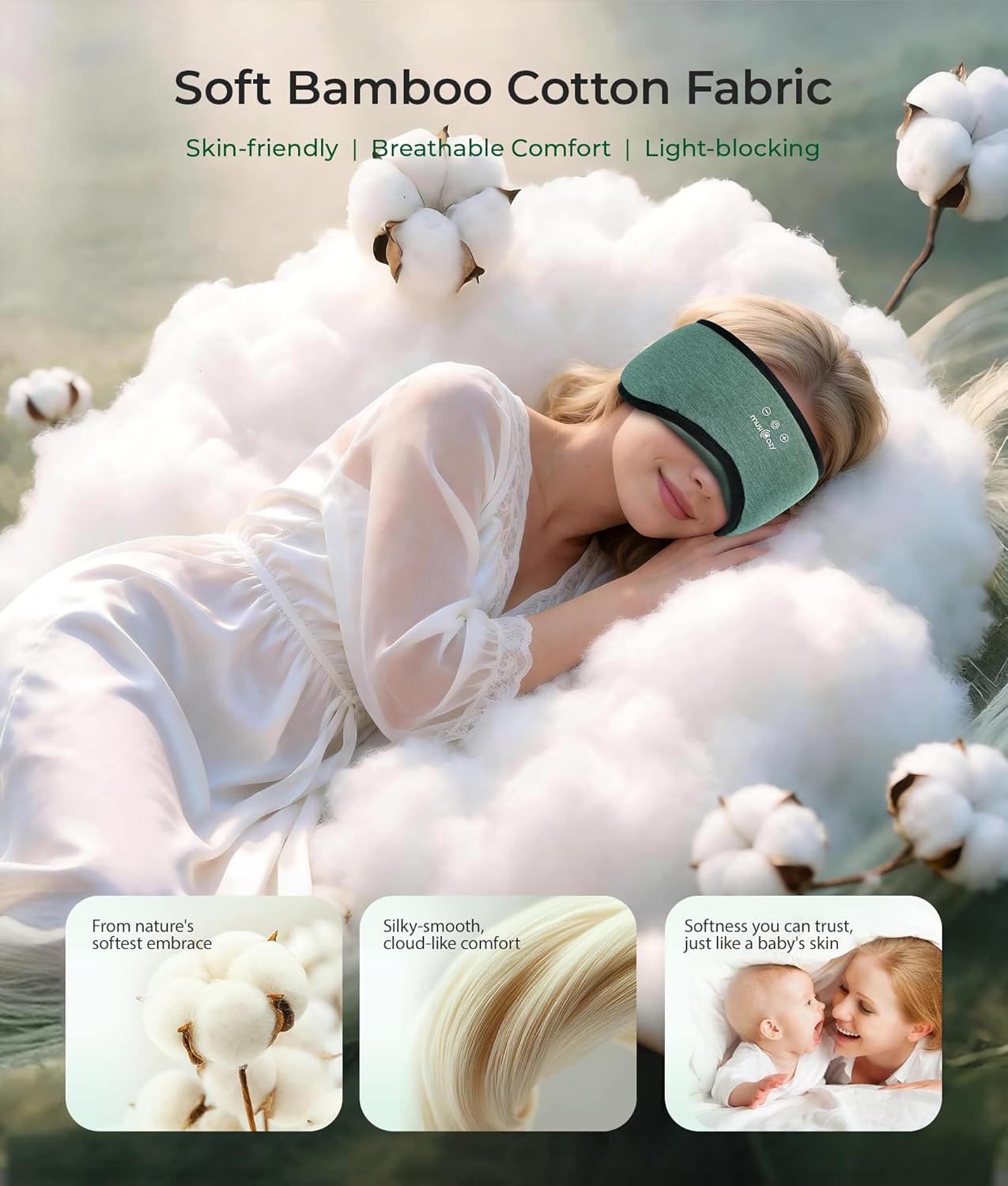 MUSICOZY Sleep Headphones Bluetooth 5.4, Bamboo Cotton Full Coverage Headphones Headband for Side Sleepers, Wireless Earphones with Speaker Sleep Music Earbuds for Men Women (Dark Green) - Image 2