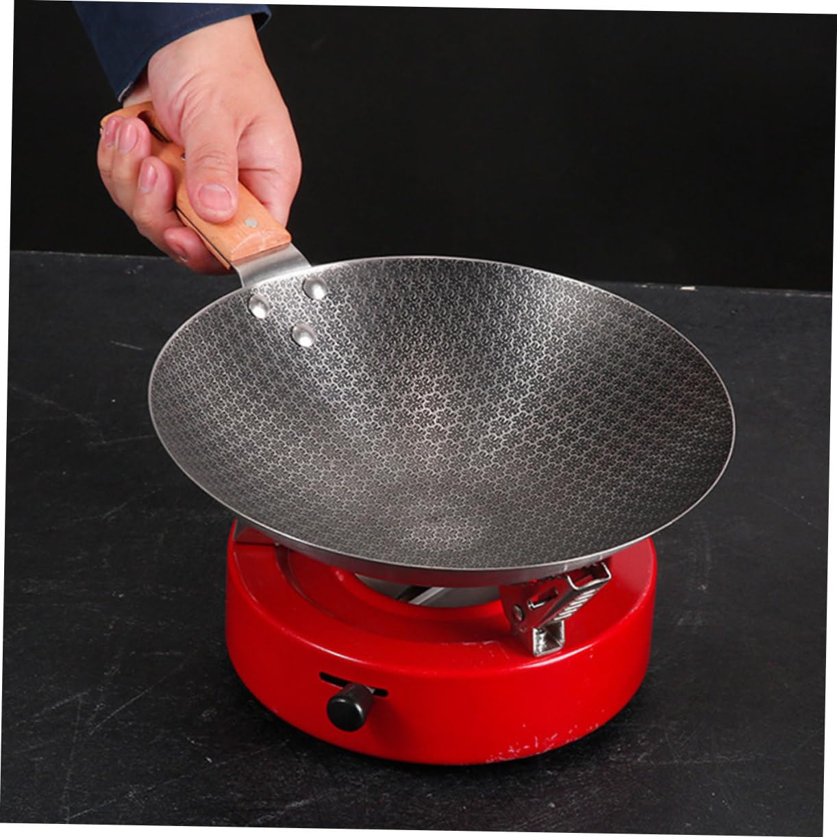 Abaodam Wok da Cucina Piccolo in Ferro Manico in Legno, Rotondo | Superficie Liscia Stile Giapponese Facile da Pulire e Uso Outdoor Ristorazione Occidentale