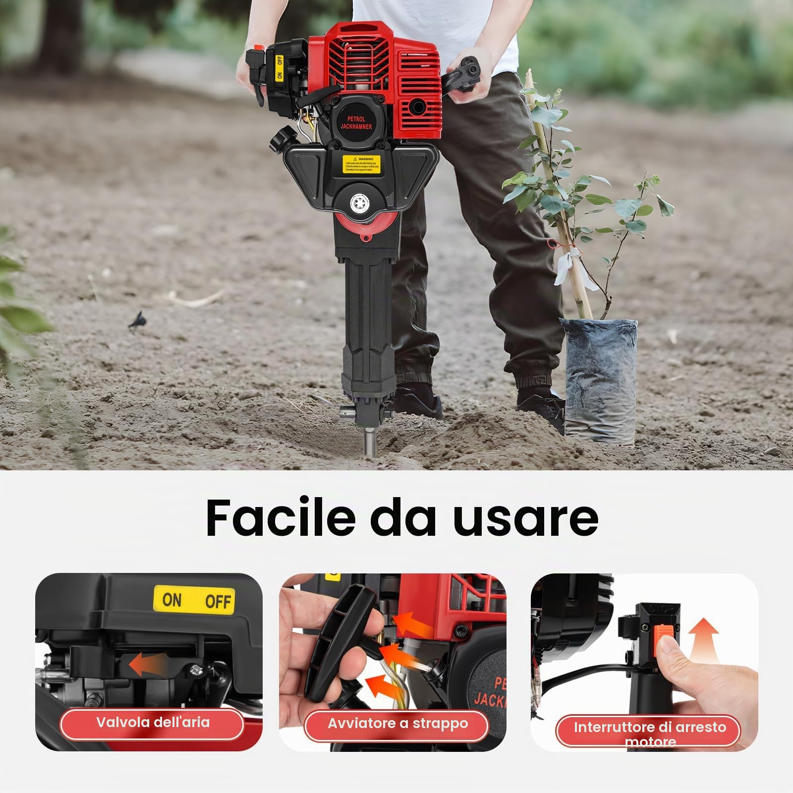 Macchina per scavo albero da 1900 W con motore a benzina, escavatore portatile con motore a benzina, martello demolitore a benzina, albero escavatore con guanti e occhiali protettivi, 6500 r/min