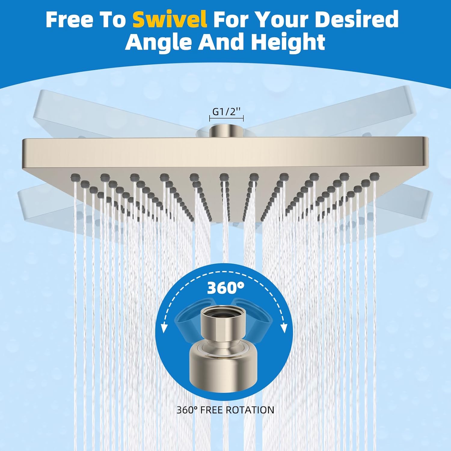 Hibbent cUCPC Certified Metal Shower Head, 8'' High Pressure Rainfall Shower Head, Bathroom Waterfall Shower Heads, High Flow Fixed Showerheads with Adjustable Brass Ball Joint, Brushed Nickel - Image 4