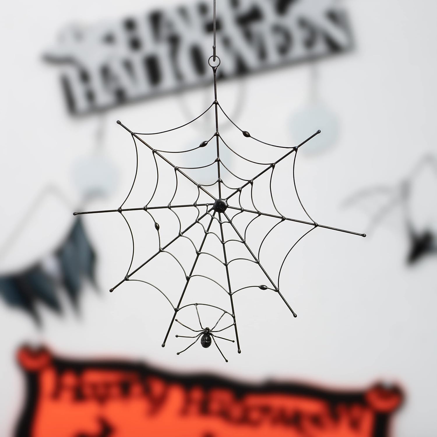 Spider Web Window Hangings Ornament Suncatcher Windows Doors Room Home Decoration Black Cat Halloween Decor Spooky Goth Decor Bat (Round)