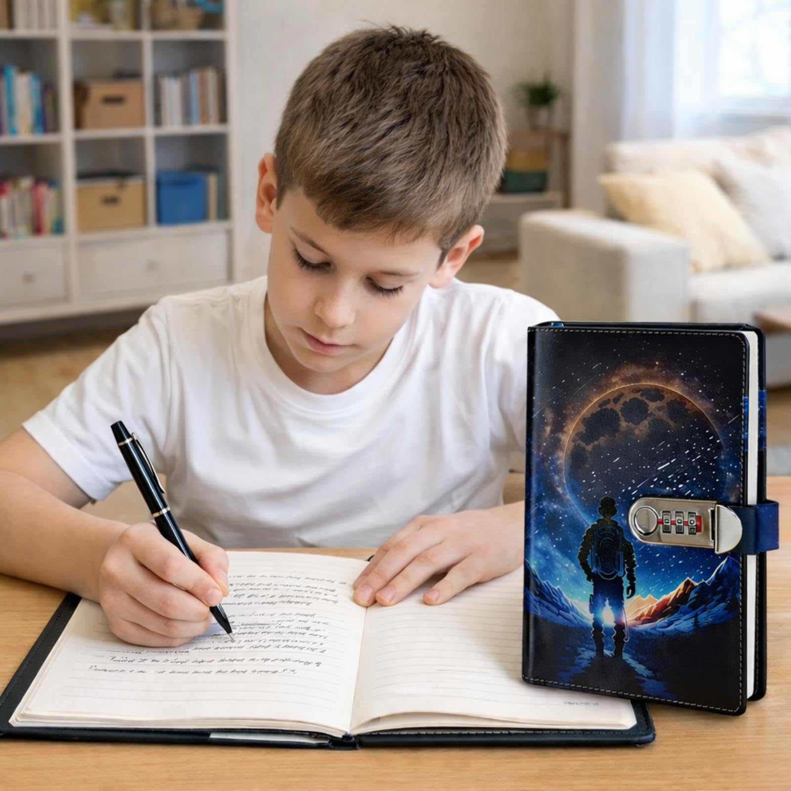 SIMDAO Diary with Lock for Boys, PU Leather Diary with Pen, 120 Sheets/240 Pages Space Themed Journal with Combination Lock, Kids Secret Diary, Football Gifts for Women Men Teens, 6.1in X 8.3in - Image 4