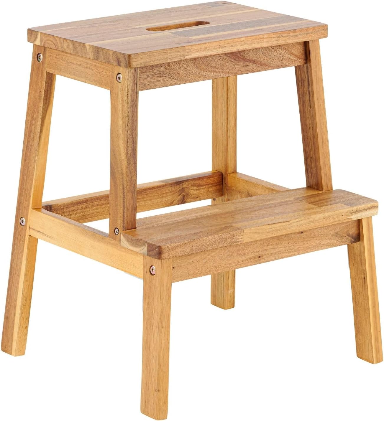 Generic Acacia Wood Two Steps Stool Rectangle, 16.9"" L x 15.4"" W x 19.6"" H, Natural Brown, Support up to 250 lbs, Foot Stool for High Bed Kitchen Bathroom