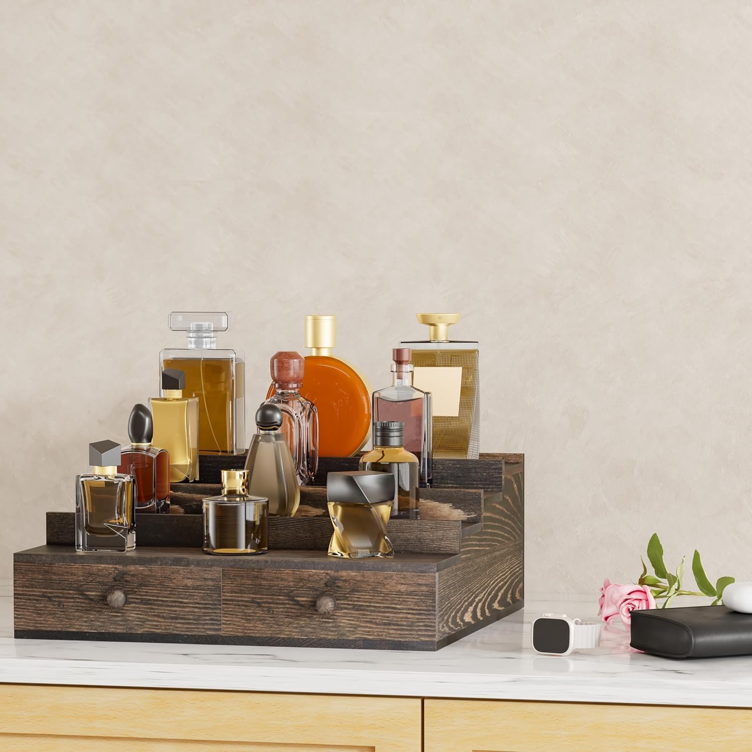4 Tier Wooden Cologne Organizer with Drawer Storage and Hidden Compartment, Rustic Perfume Display Stand