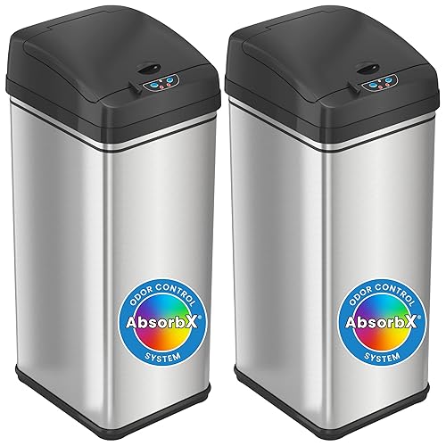 iTouchless Bote de basura con sensor de 13 galones con desodorante (paquete de 2), acero inoxidable, apertura de tapa grande (versión base, sin
