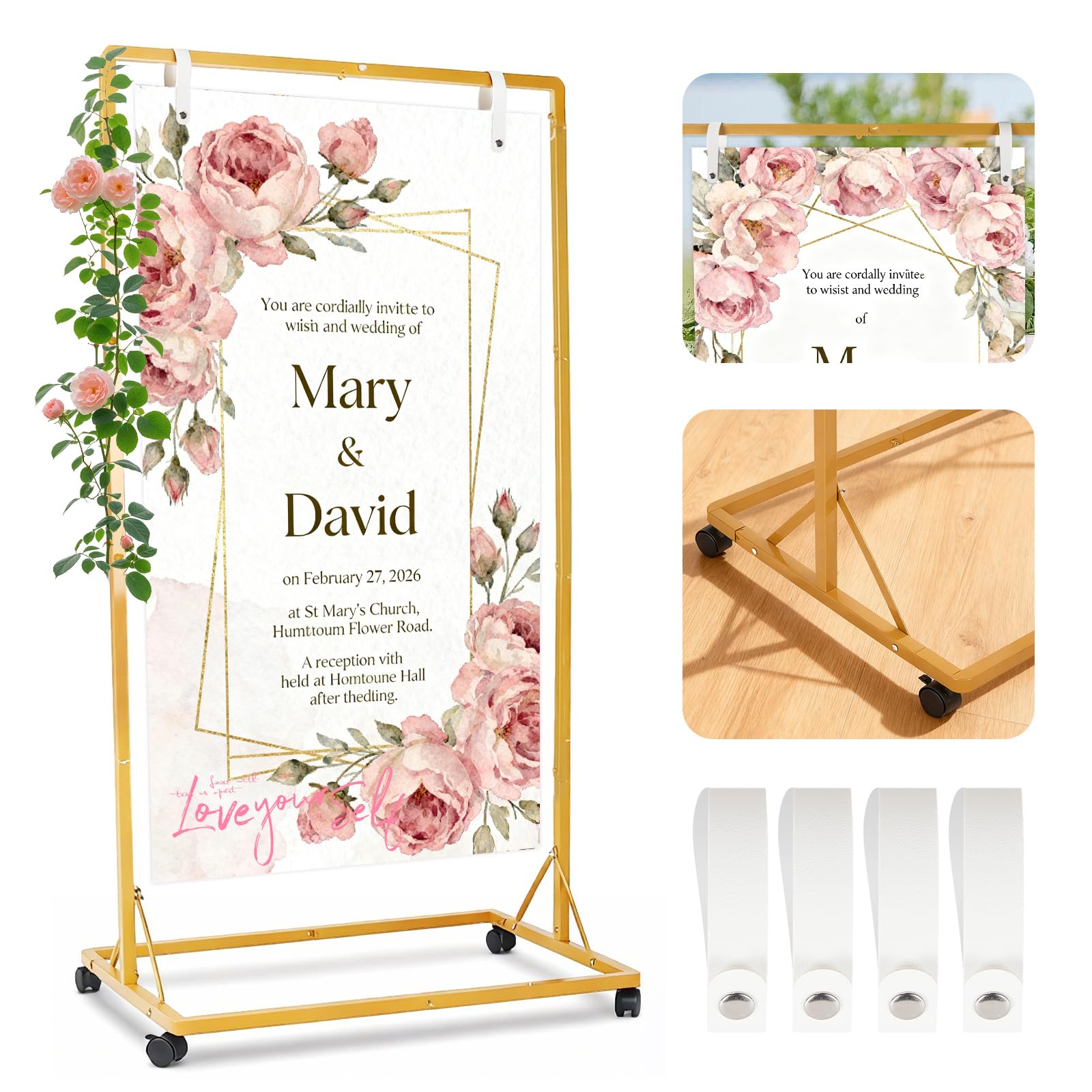 Wedding Welcome Sign Stand with Removable Wheels,Sturdy Triangular Base,Adjustable Height 126-170cm Heavy Duty Easel Stand with 4 White Leather Straps for Wedding Reception,Seating Chart,Posters,Decor