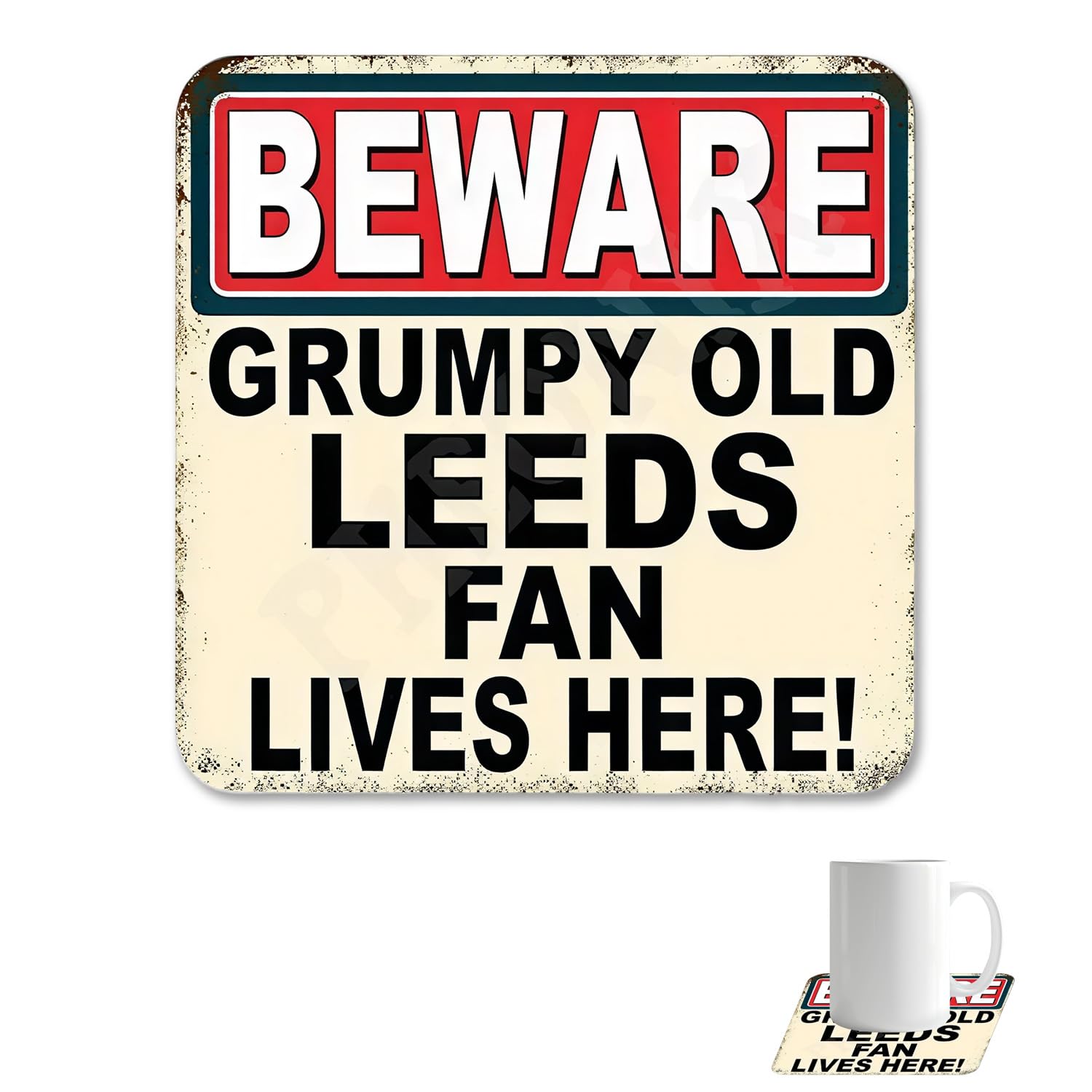 Leeds United Beer Mats, BEWARE GRUMPYOLD LEEDS FAN LIVESHERE! Square Ceramic Coasters with Cork Backing for Hot or Cold Drinks, Leeds United Gifts for Men, Enthusiasts
