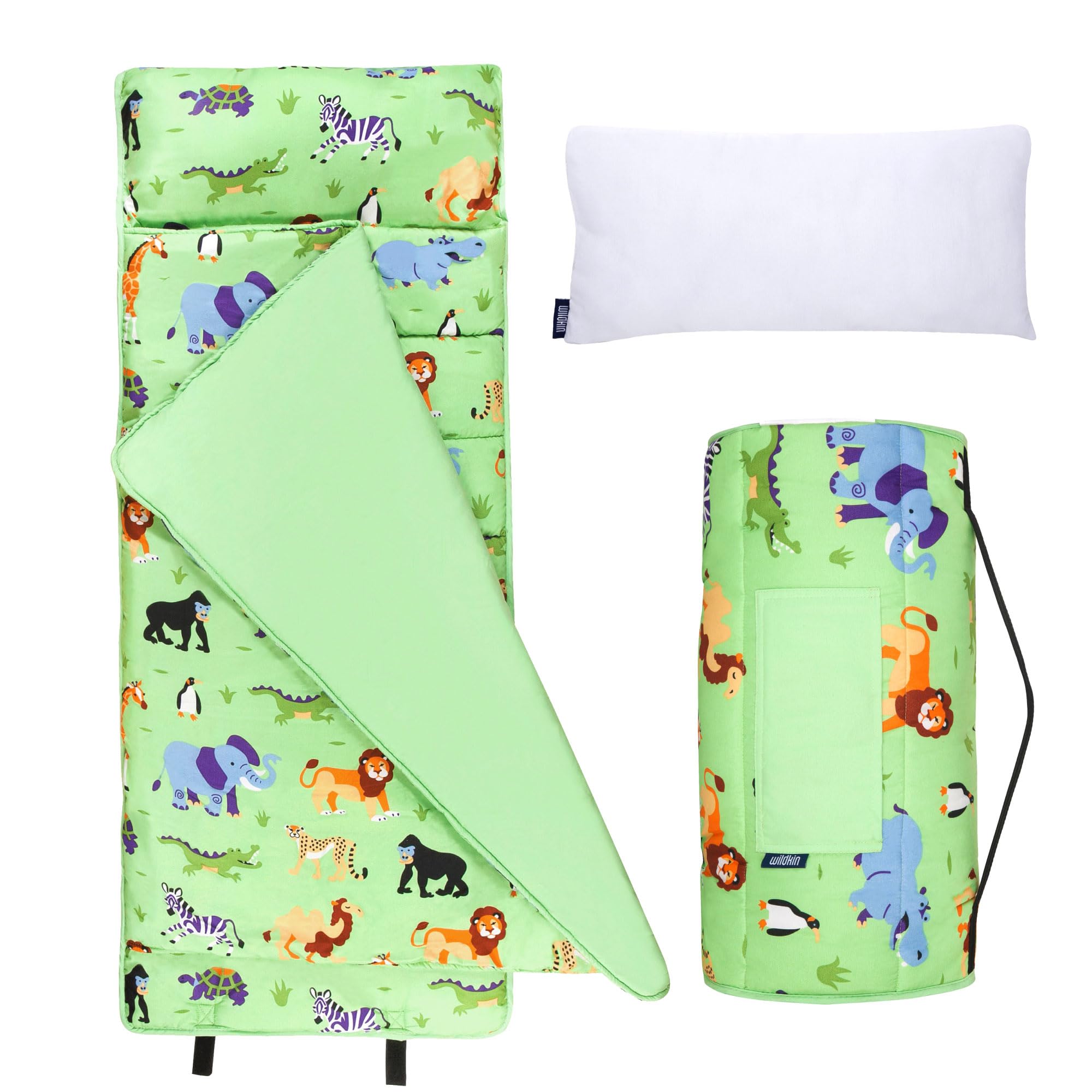 Wildkin Microfiber Nap Mat for Kids | 50 x 20 in all-in-one microfiber nap mat with attached blanket, removable pillow, roll-up straps and carry handle. Wild Animals