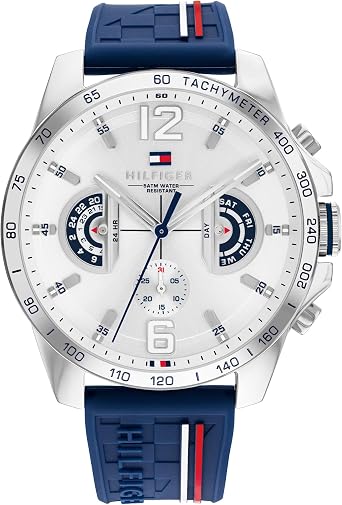 Tommy Hilfiger Analogue Multifunction Quartz Watch for Men with Silicone, Stainless Steel or Leather Bracelet, Day & Date Sub-Dials, 5ATM Water Resistant