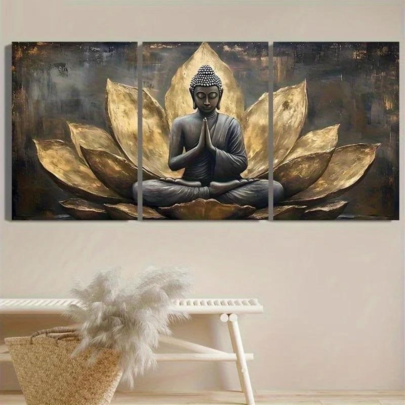 Baibexing Abstract Golden Lotus Buddha Religious Wall Art Poster Prints Canvas Painting Picture For Living Room Home Decor 21X30Cmx3Pcs Unframed