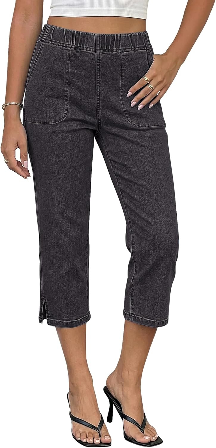 luvamia Capri Jeans for Women Trendy Pull On Elastic Waist High Rise Side Split Stretchy Relaxed Fit Denim Capris Pants