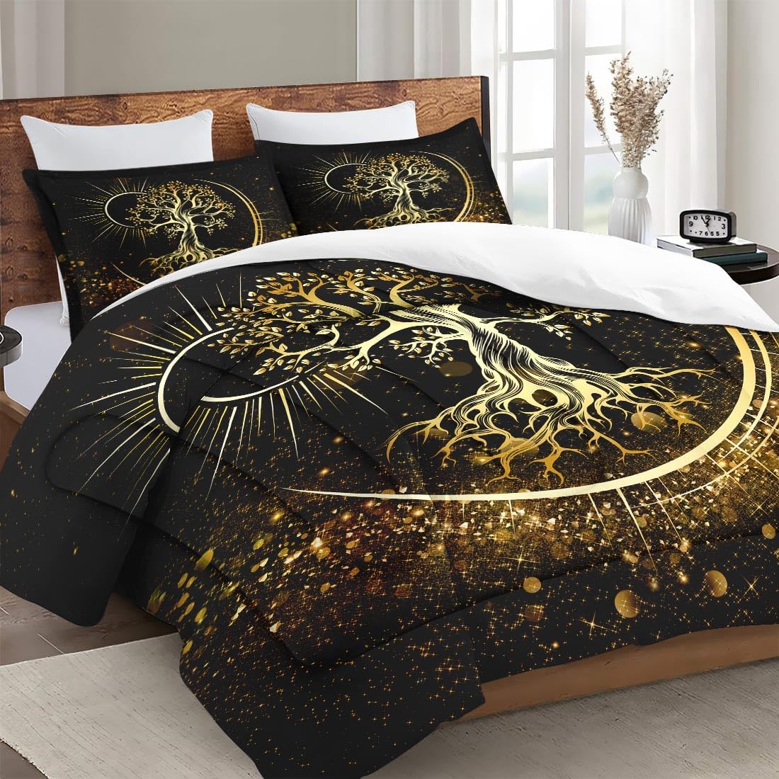WeCozy Queen Size Comforter Set with 2 Pillowcases, Nature Tree of Life 3 Pcs Bedding for Kids and Adults, Black Sun and Moon Soft Comforter Set for Bedroom Bed Decor