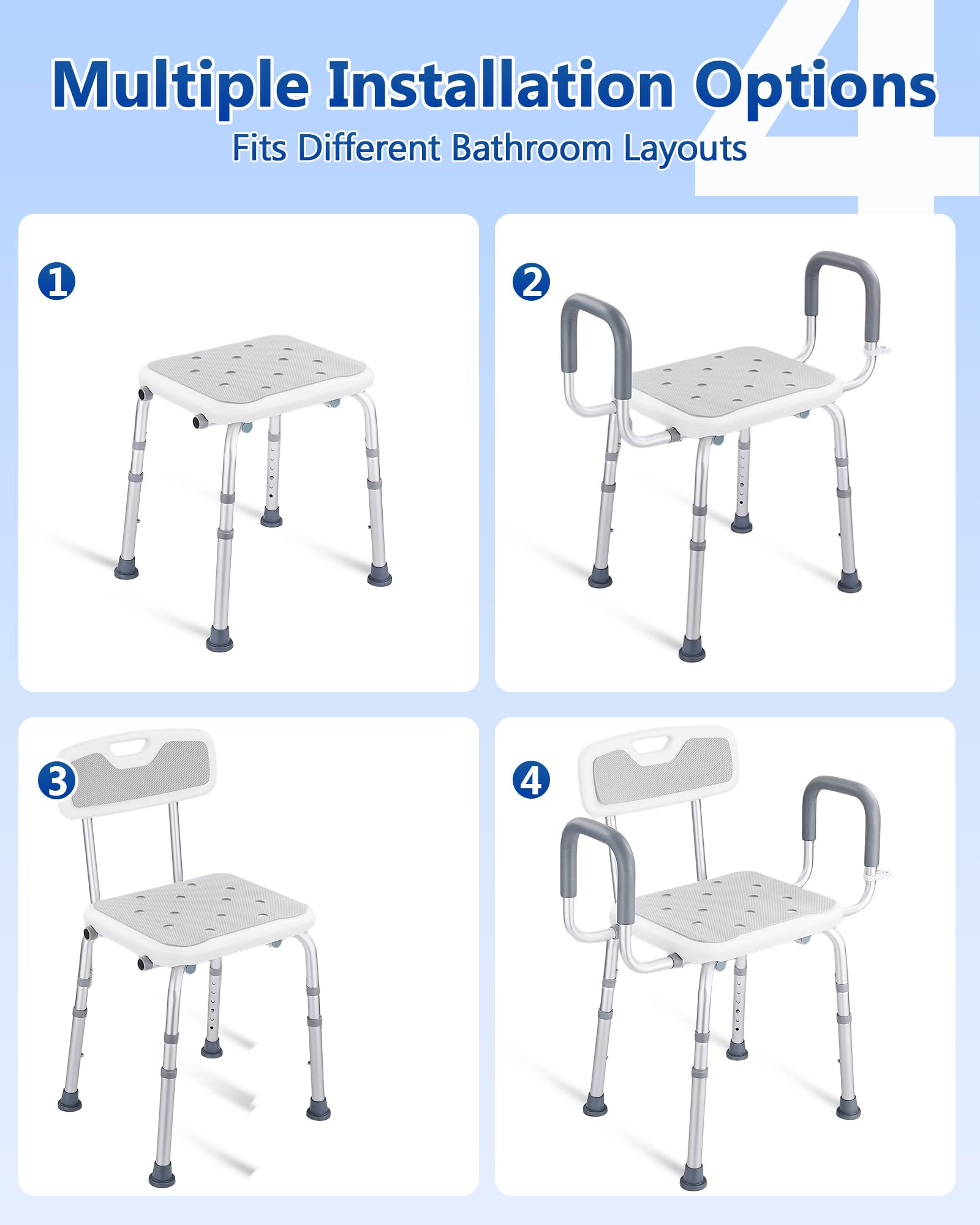 Silla de ducha para ducha interior con respaldo y brazos, silla de baño ajustable para personas mayores, asiento de ducha resistente para bañera interior, taburete de ducha de 330 libras para ancianos