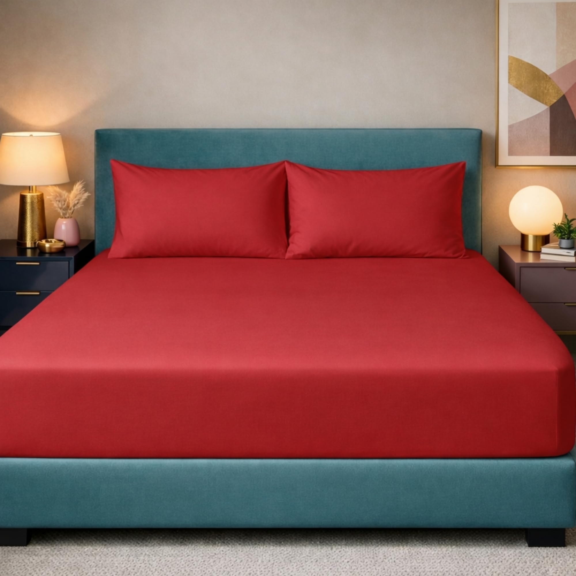 Z&A Bedding Red Fitted Sheet Double - 30CM Extra Deep Elastic Corners Bedsheet, Soft Brushed Microfibre Sheet, Washable, Shrinkage & Fade Resistant — image 1