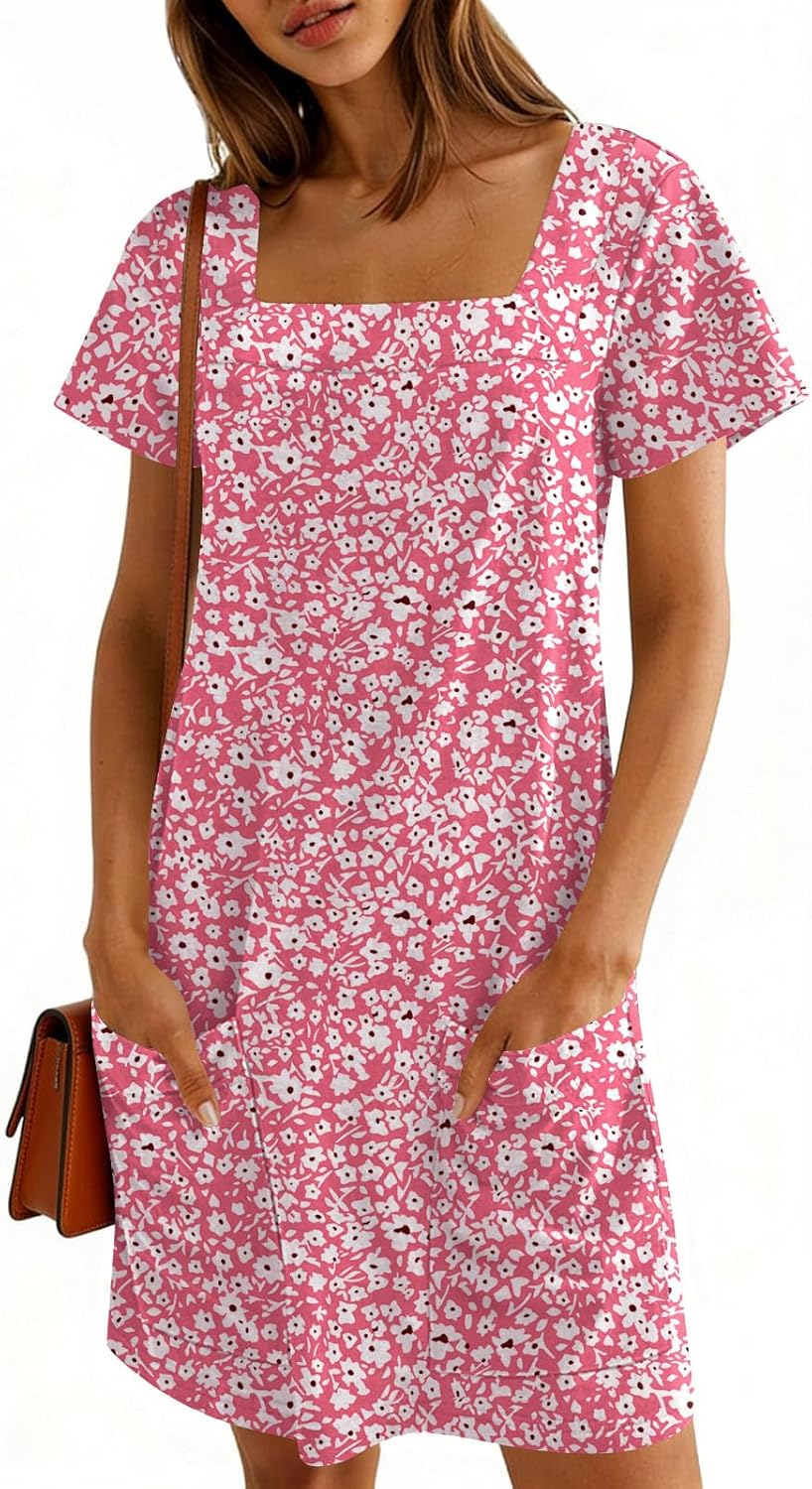 Naggoo Women Summer Sundresses Short Sleeve Square Neck Shift Tshirt Mini Dress with Pockets