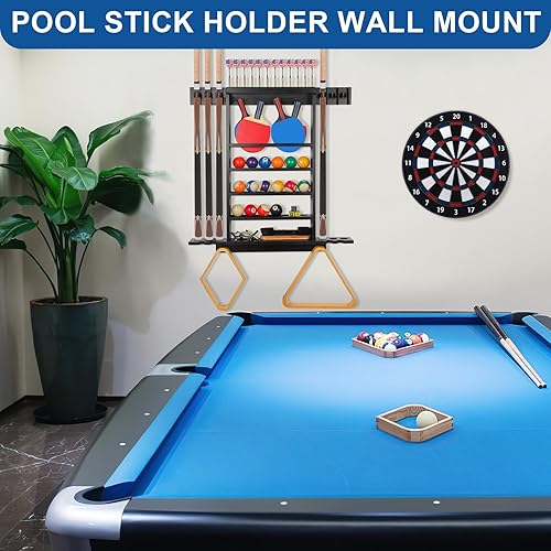 Miniatura 6 de Soporte de pared para palo de piscina, soporte para tacos de piscina, soporte de paleta de ping pong, soporte de dardos 3 en 1, 100% madera maciza,