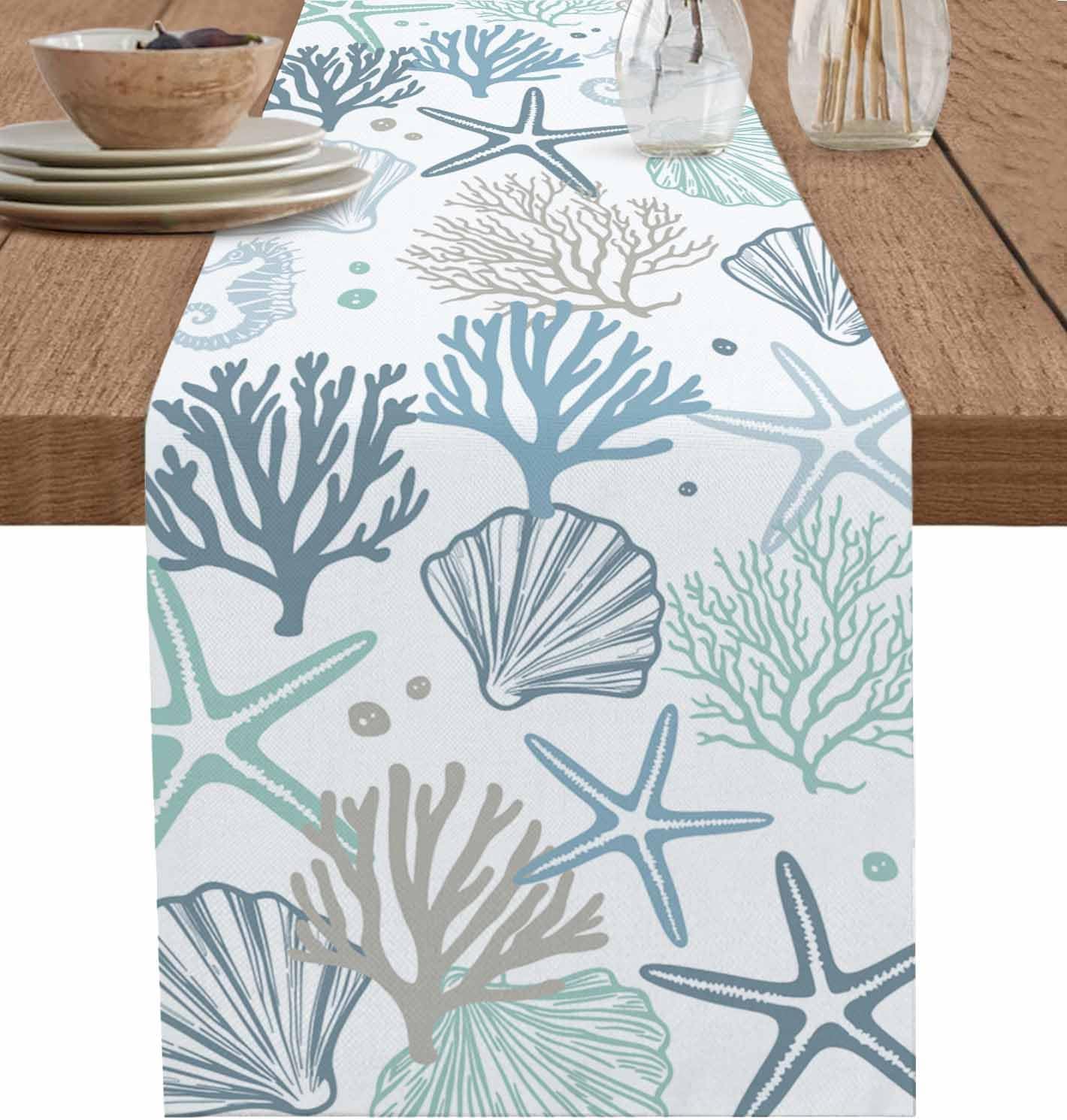 Aqua Teal Coastal Table Runner - 120 Inch Long Summer Beach Cotton and Linen Dress Scarves, Ocean Starfish Coral Nautical Farmhouse Table Runner for Kitchen Dining, Coffee Table, 13" x 120"