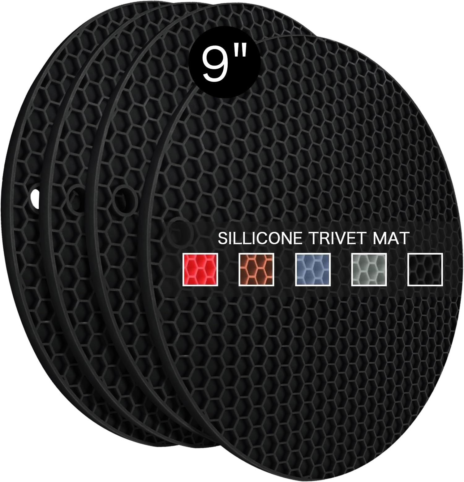 4 Pack Silicone Trivet Mats, 8.7 Inch Flexible Heat Resistant Silicone Hot Pads Pot Holders for Kitchen Counter, Round Trivets for Hot Dishes - Potholders Jar Opener(Black)
