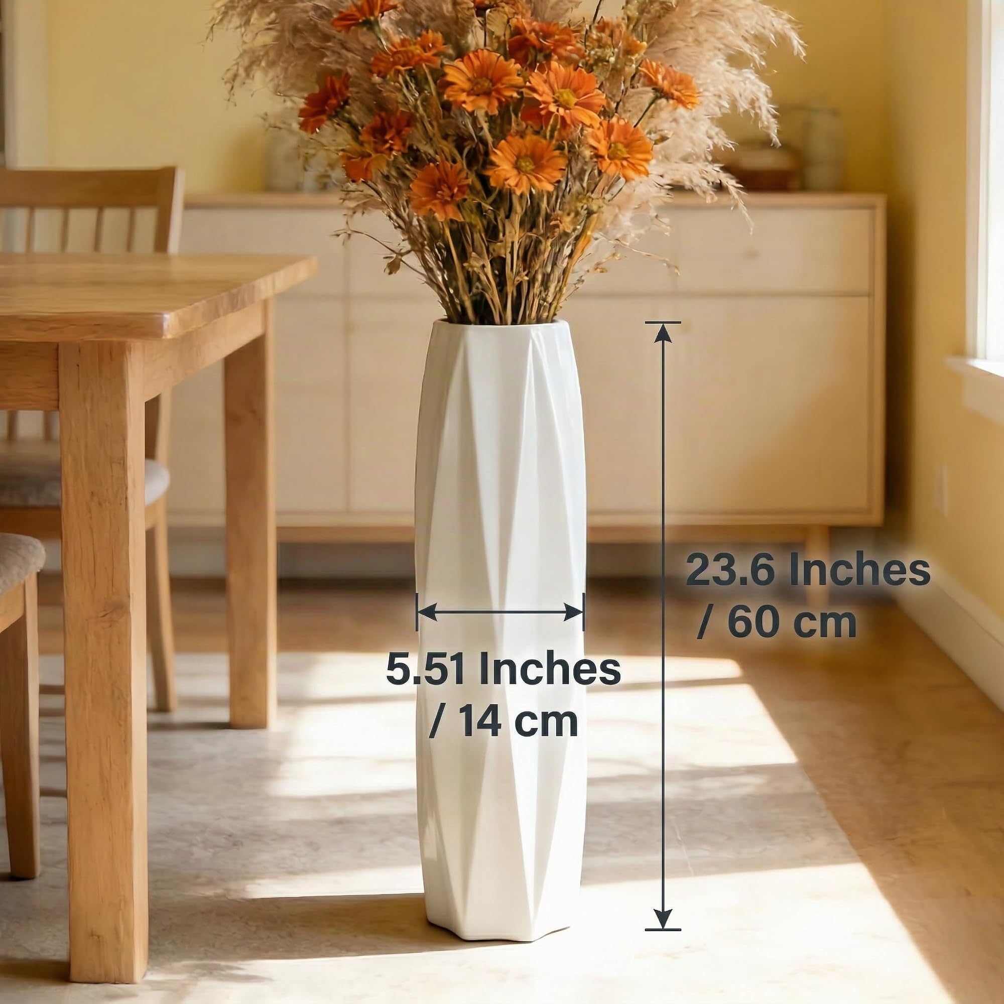 24" Weißer Keramik Bodenvasen 60cm, Große Dekorative Blumenvasen für Wohnzimmer, Schlafzimmer und Büro, Modernes Wohnaccessoire, Glänzende Glasur