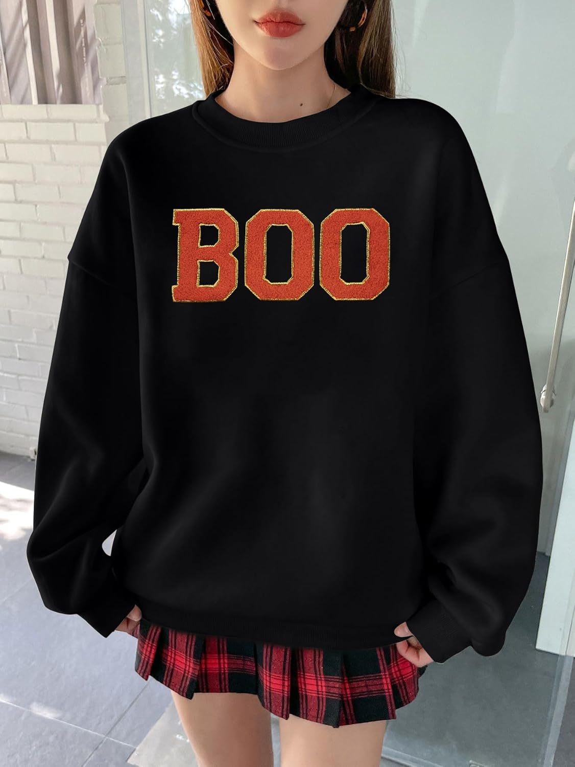MYHALF Halloween Sweatshirt for Women Boo Embroidered Sweaters Cute Spooky Season Shirt Long Sleeve Fall Winter Pullover Tops - Image 3