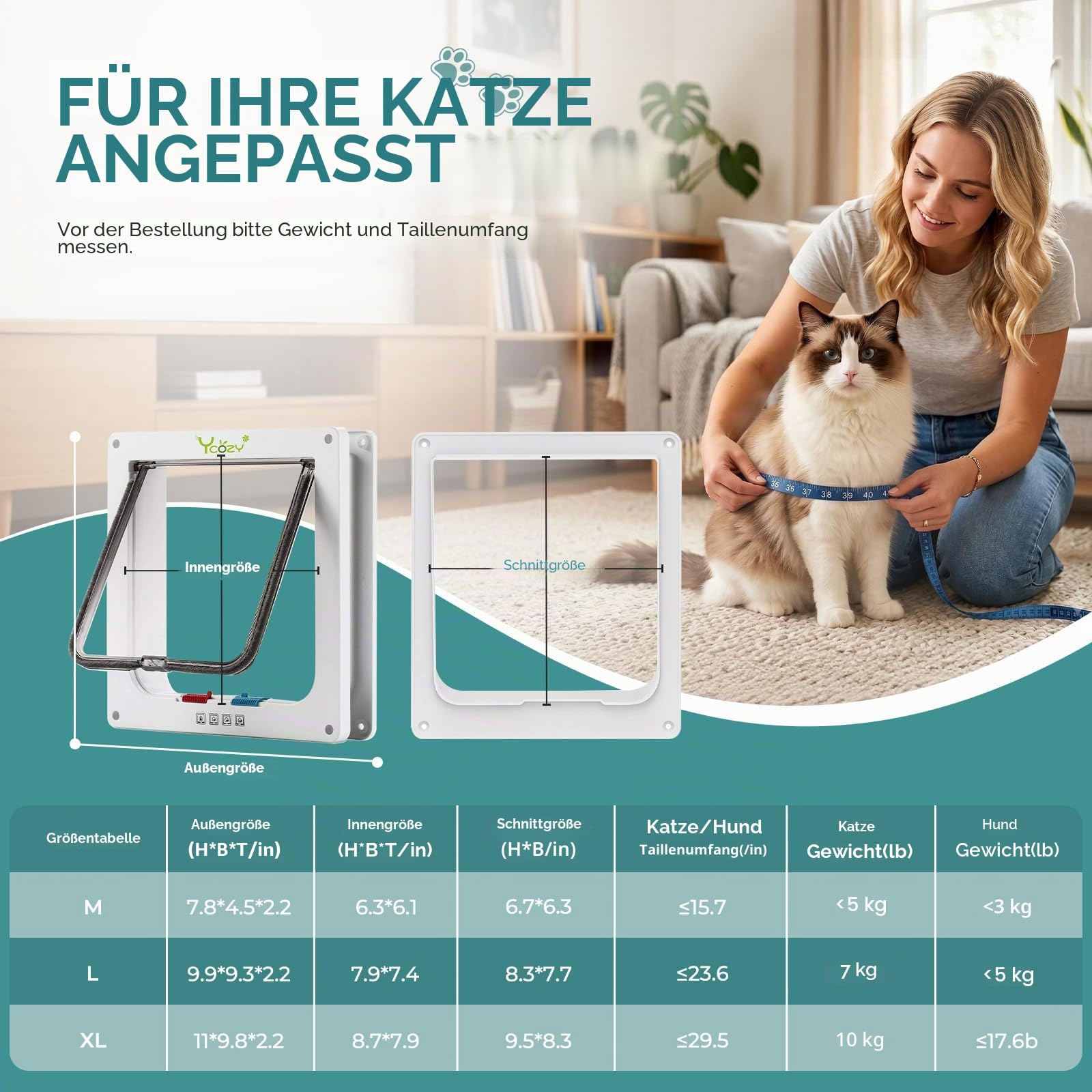 Ycozy XL Katzentür Außengröße 27.8 x 25cm 4 Wege Verriegelung Indoor Haustier Tür für Innen Außen Tür Wand Fenster, Wetterfeste Katzenklappe für Kätzchen & Hunde Leicht zu Installieren