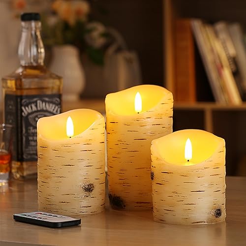 Miniatura 3 de Juego de 3 velas LED sin llama, corteza de abedul (3.25 pulgadas de profundidad x 4 pulgadas de alto, 5 pulgadas de alto, 6 pulgadas), velas de