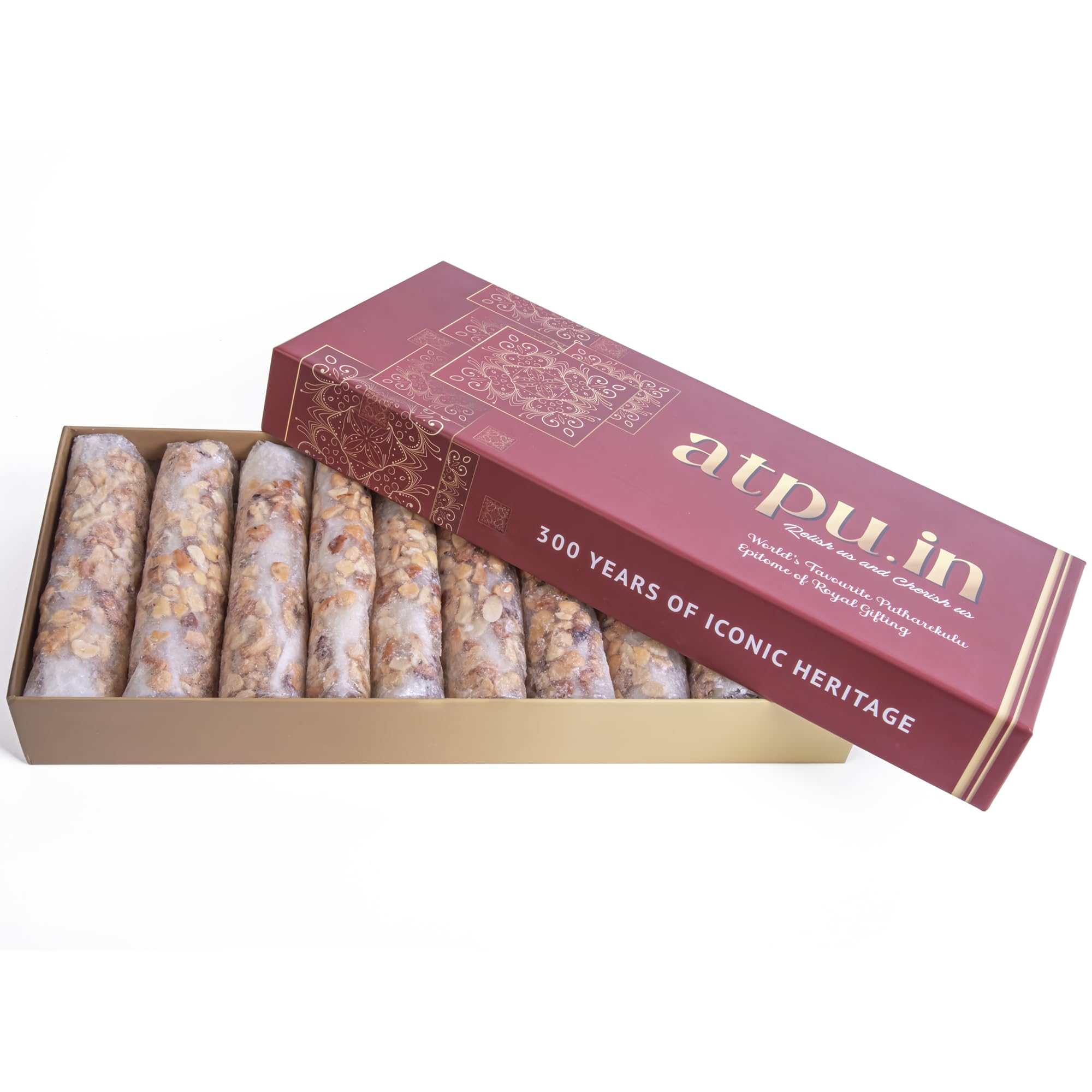 ATPU.IN Atreyapuram Sugar Dry Fruits Putharekulu (Papersweet)|Delicious South Indian Snack|Gi Tagged Mithai|Premium Sweet Gift Hamper|10 Pcs Box (280G) (Kaju, 10 Pcs Box (280 Gram))