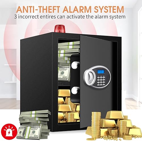 Miniatura 31 de Caja de seguridad pequeña de 0.8 cúbicos a prueba de fuego, impermeable, caja de seguridad digital para el hogar con teclado programable y llaves