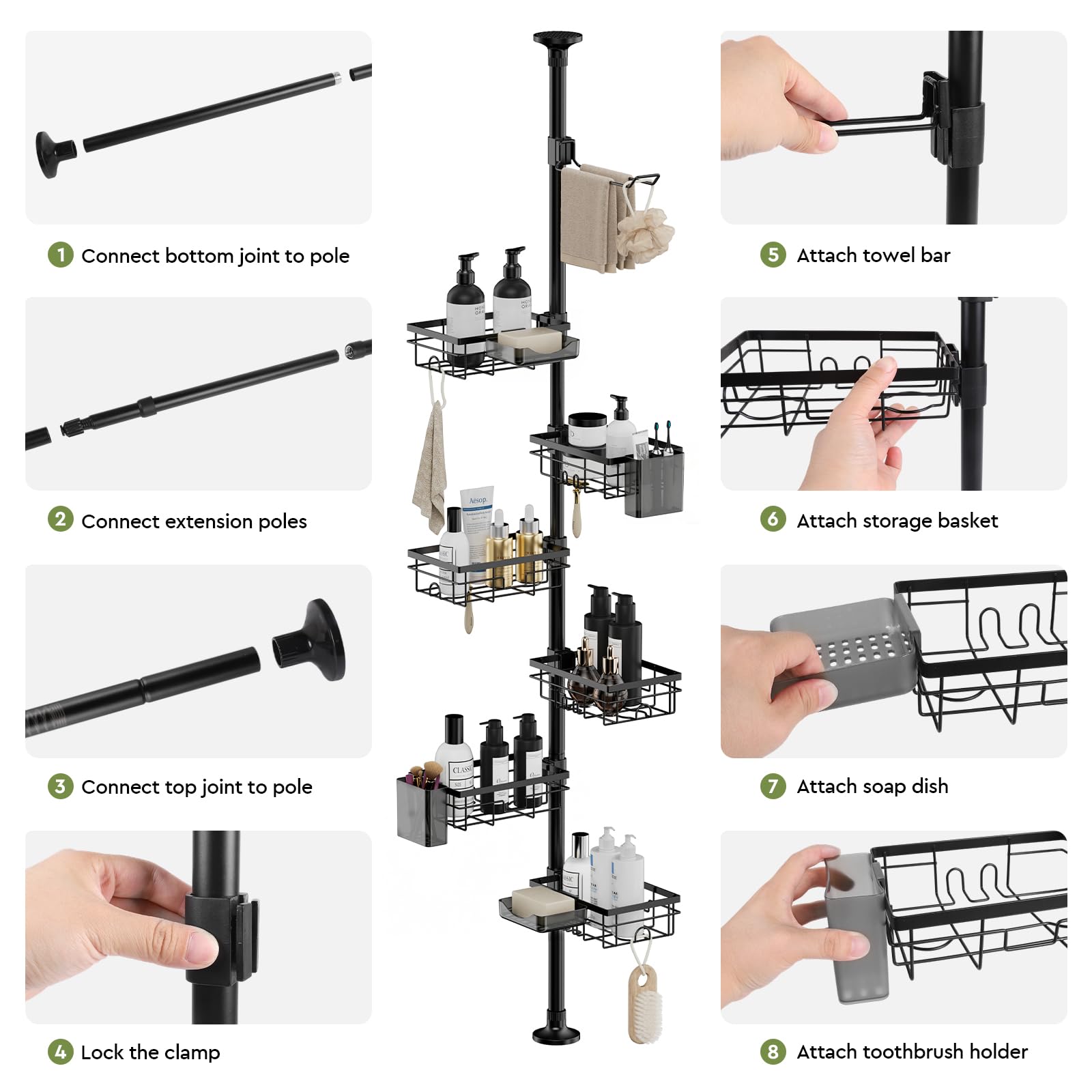 EXLECO Scaffale da doccia telescopico a 7 ripiani, senza foratura, 78 – 308 cm, antiruggine, scaffale angolare per bagno, porta asciugamani, portaspazzole, contenitore per sapone, nero