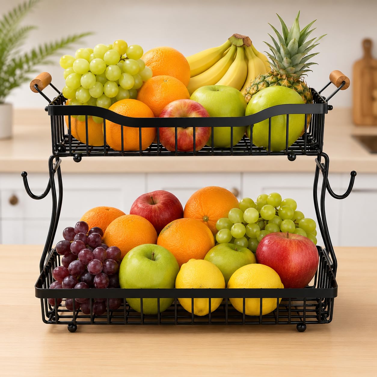 KINBOS 2 Tier Fruit Basket Stand for Kitchen, Wire Metal Organiser with Wooden Handles, Countertop Storage Rack, Matte Black