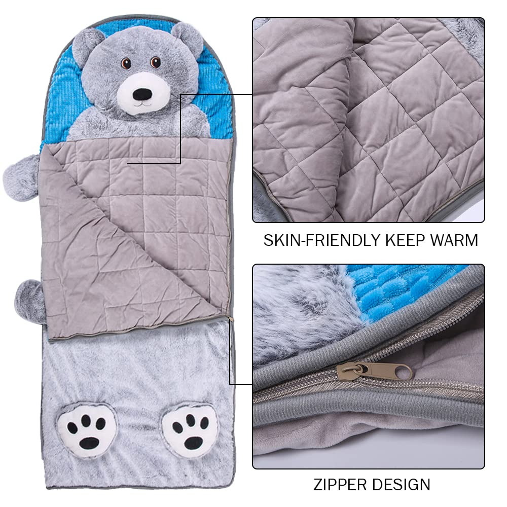 Wilonsa Sleeping Bag for Kids Happy Bear 51x21 Inches Surprise Animal Boys Girls Slumber Bags with Pillow for Daycare Preschool Kindergarten All Season Sleepy Bag Grizzly Bear