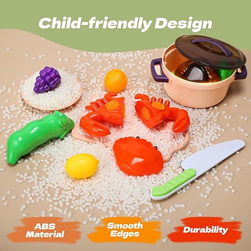 Miniatura 8 de CUTE STONE Mini accesorios de cocina de 51 piezas para niños, juego de cocina de simulación con ollas, sartenes, utensilios, cortar frutas y