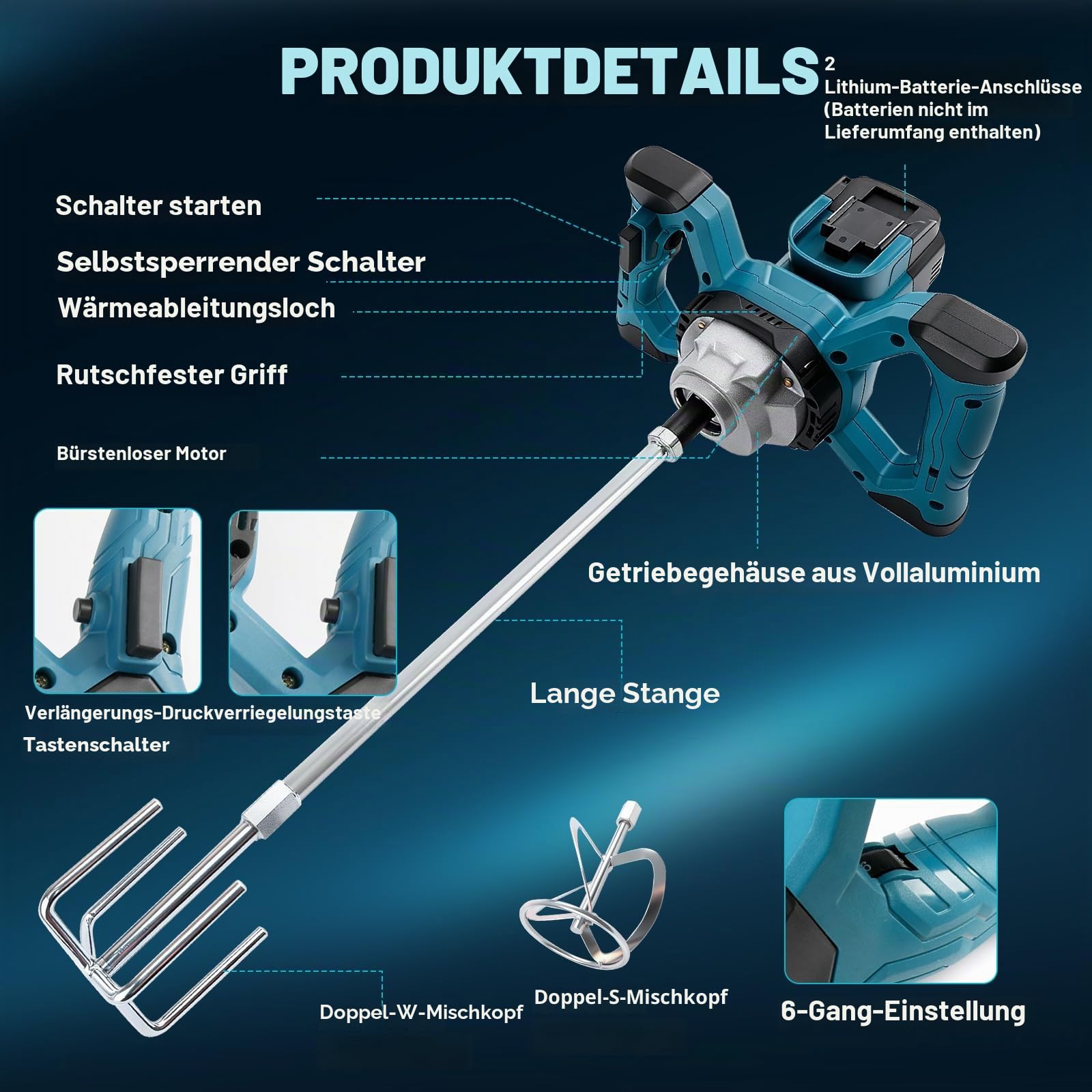 Kabelloser Zementmischer für Makita 18V Akku, Bürstenloser Paddelmischer, 6 Geschwindigkeitsstufen Lackmörtelmischer, Max 680 U/min, Elektrischer Betonrührer zum Mischen von Futtermörtel
