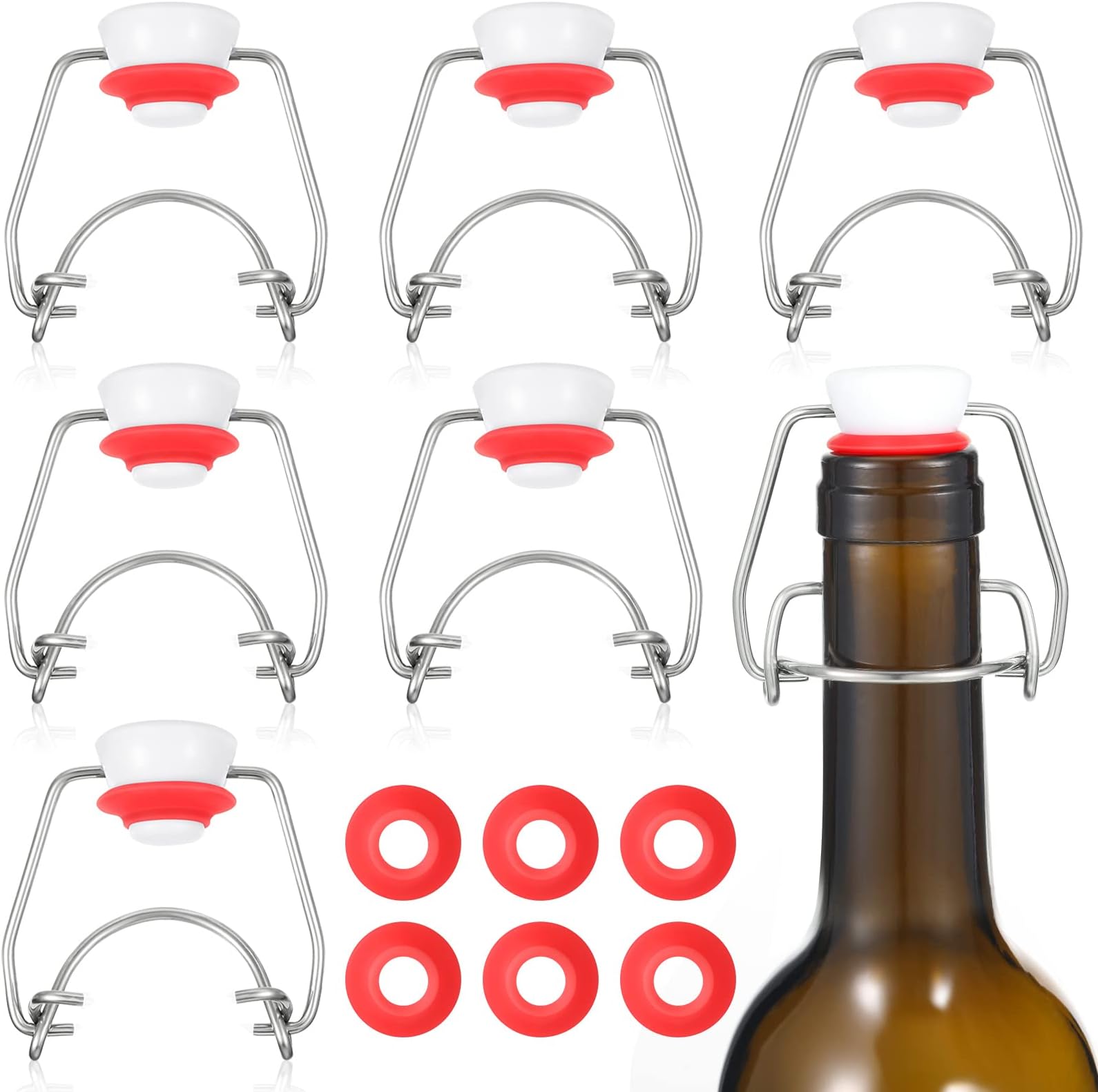 Meanplan 6 Pcs Flip Top Bottle Replacement Caps with 6 Sealing Silicone Gasket Flip Top Stopper for Glass Bottles with Grooved Mouth Swing Lids Fit 8/17.5/26/35oz Bear Bottles