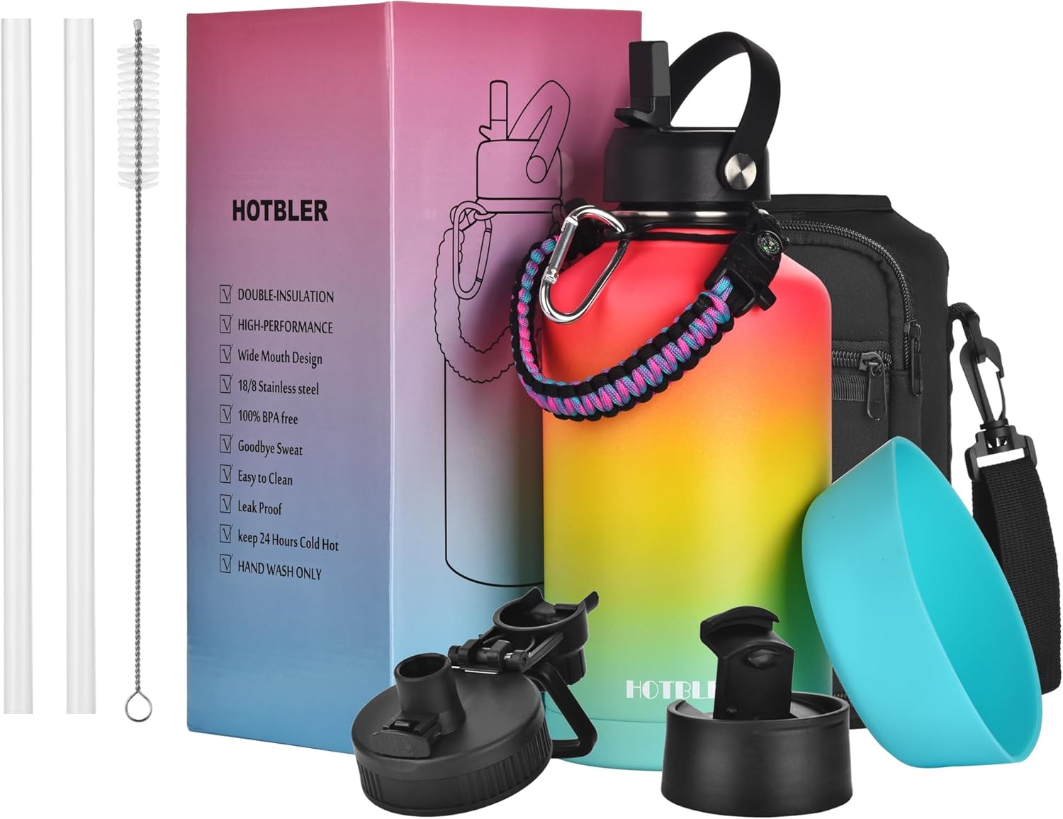 Halfgallon Insulated Water Bottle with Straw Stainless Steel Thermo Jug with Spout Straws Lid